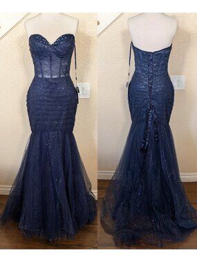 Navy Blue Strapless Sequin Sparkle Tulle Formal Prom Dress 8